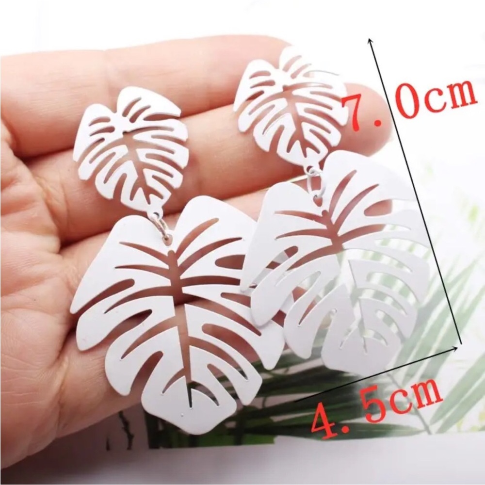 Large White Tropical Leaf Earrings